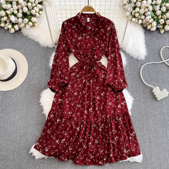 Lantern long-sleeved stand-collar mid-length a-line ruffle floral dress