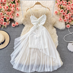 V Neck Open Back Ruffle Knot Backless Dress,