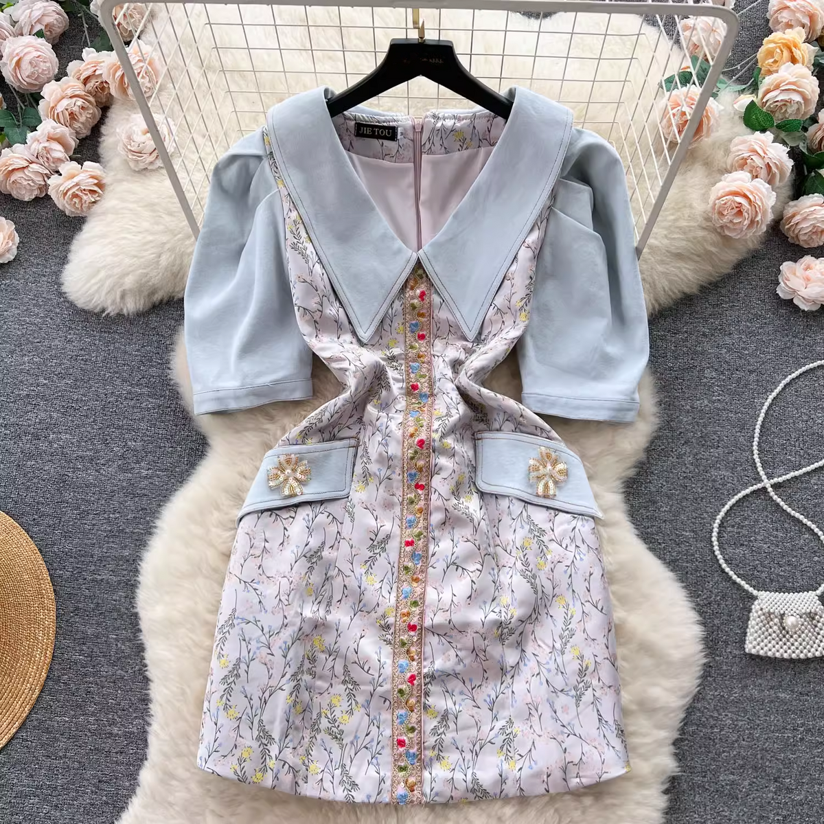 Light luxury denim splicing heavy embroidery slim short dress for women summer