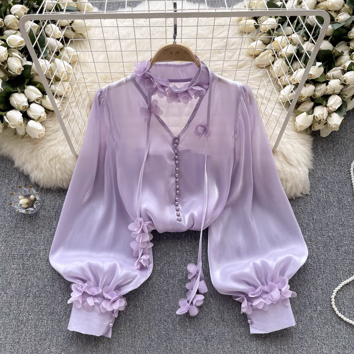 Women's mesh shirt autumn ribbon long sleeve blouses