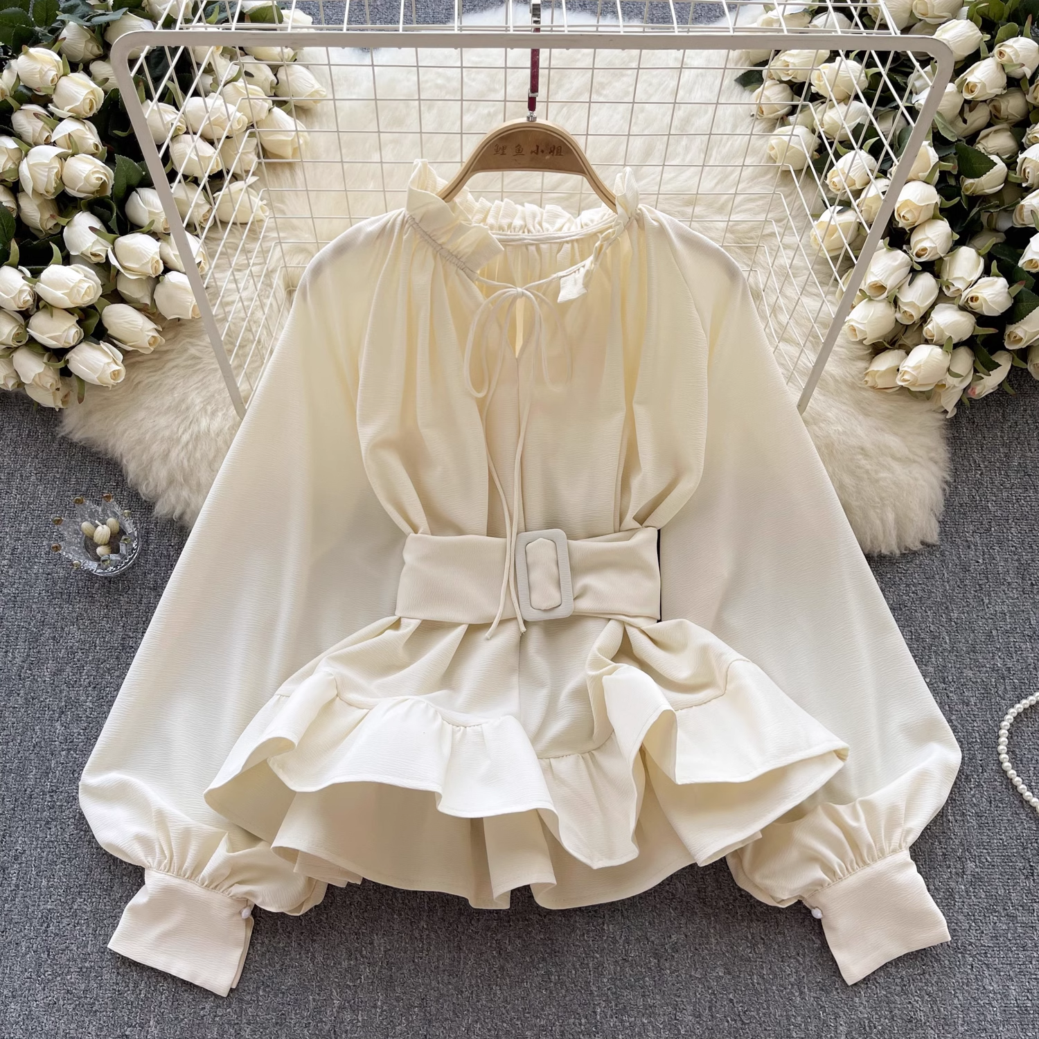 Women's Retro Court Style Waist Belt Ruffle Hem Blouses