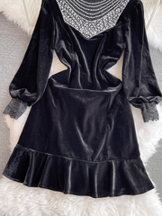 Long-sleeve stand-collar beaded panel ruffled velvet dress