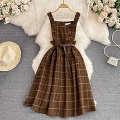 Plaid suspender dress retro style in autumn and winter