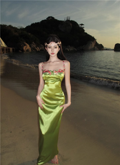 Long green satin holiday dress