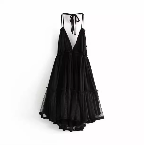 Mesh splicing low-cut backless halterneck suspender dress