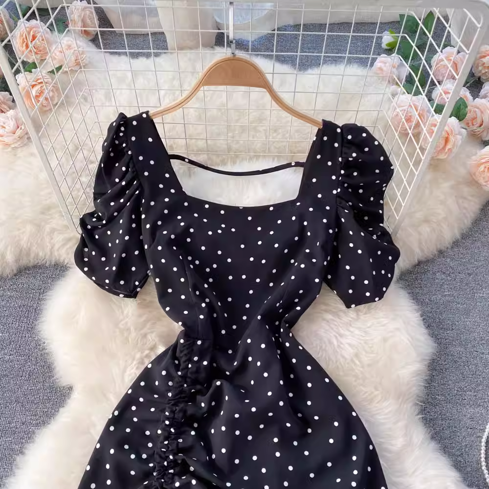 square neck polka dot dress with short sleeves summer dress ,