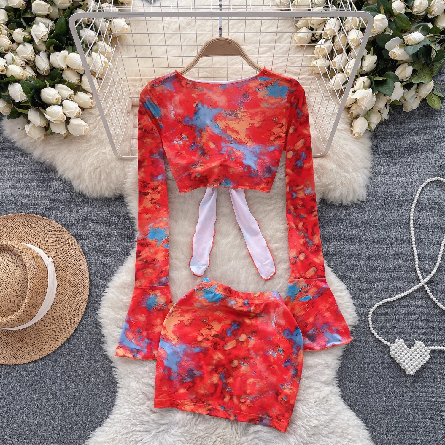 Floral trumpet sleeve top women's short section navel bag hip skirt two-piece suit summer