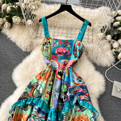 women's printed retro suspender dress