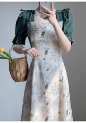 Retro square neck dress for women summer French style patchwork floral long dress