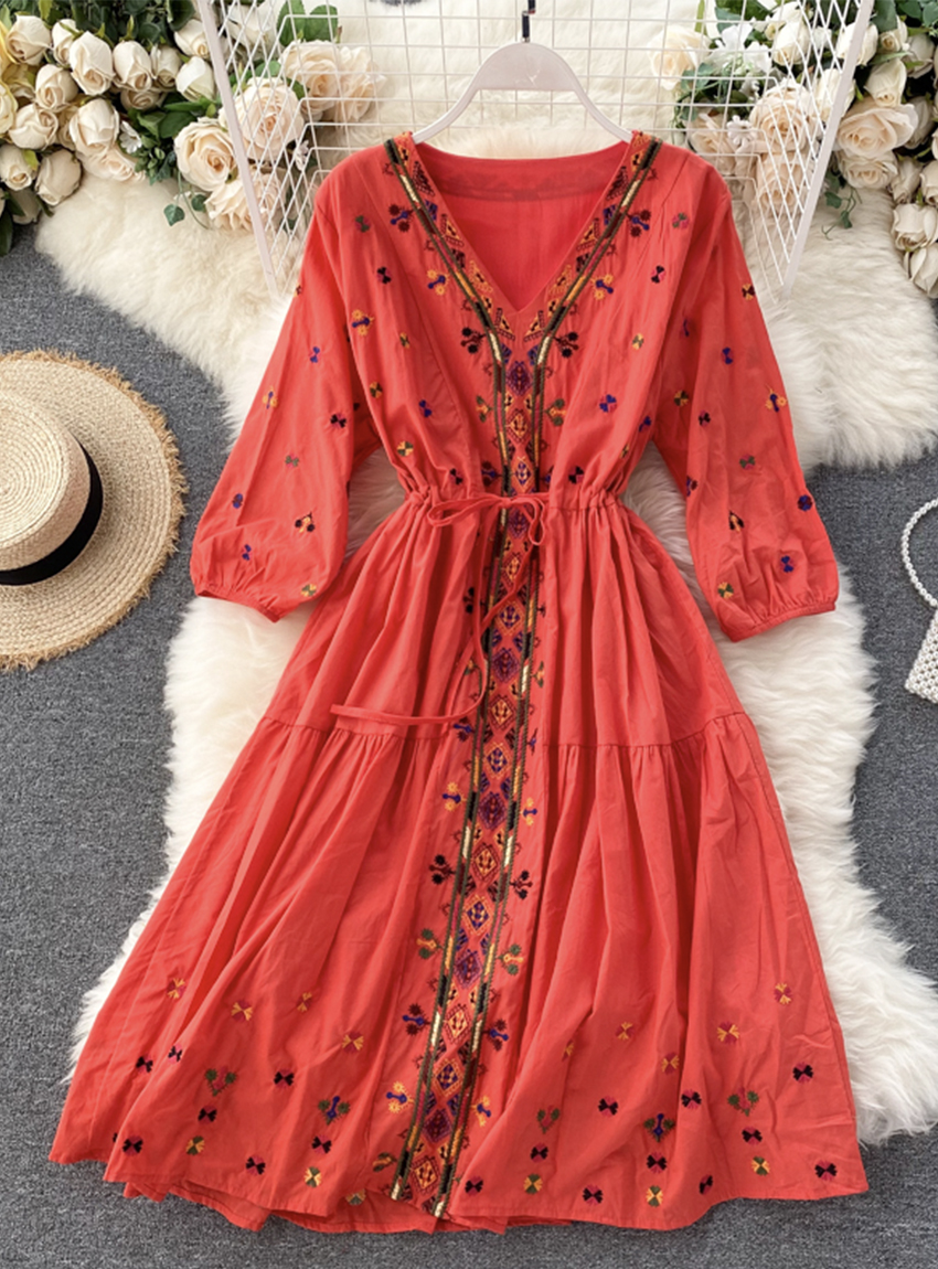 A Line V Neck Embroidery Long Sleeve Dress