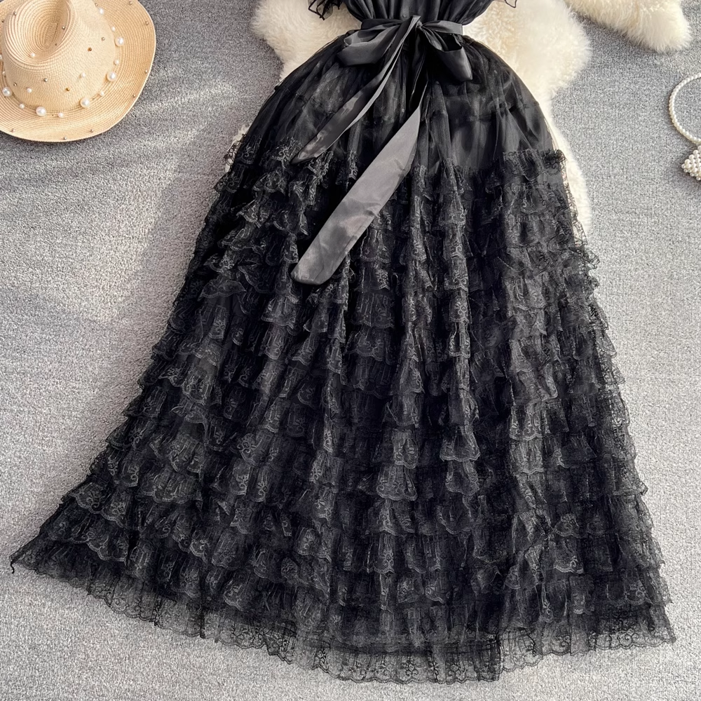 Short-sleeved round neck a-line mesh dress,