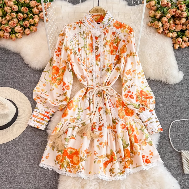 Retro court style lantern sleeve tassel belt waist print dress ,