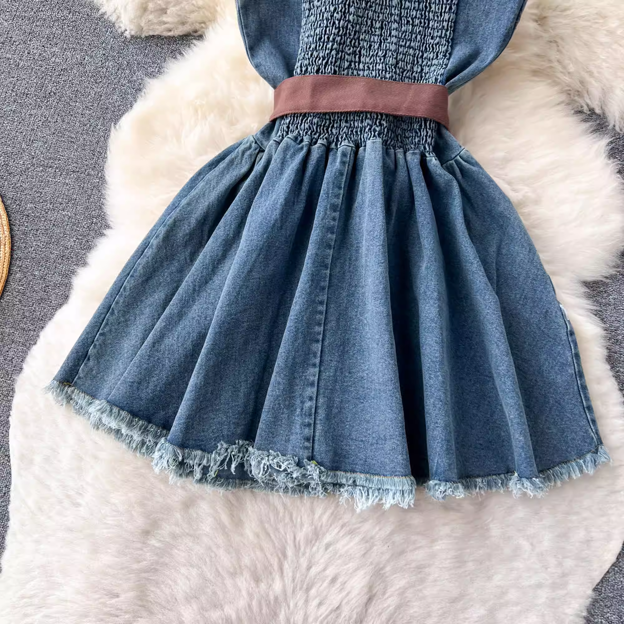 Retro Temperament Bandage Design Denim Dress ,