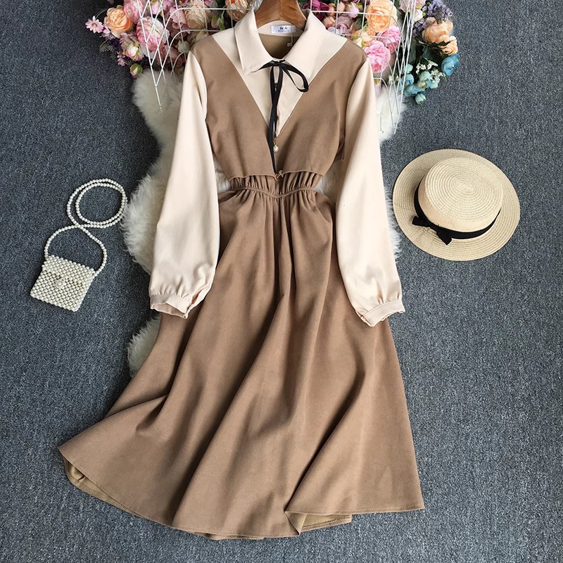 Fake two piece color block long sleeve dress