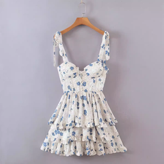 French floral print sexy high waist suspender dress