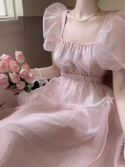 Pink backless dress for women summer puff sleeve long dress