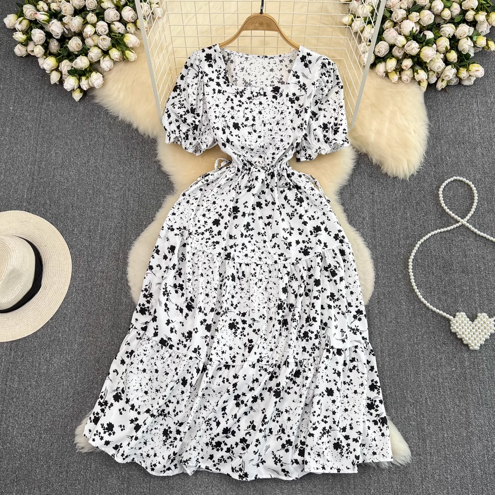 Square collar puff sleeve summer fluffy princess dress,