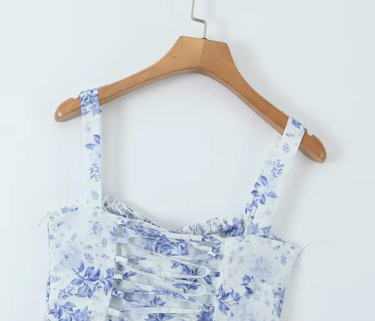 Blue and white porcelain print mid-length slip dress