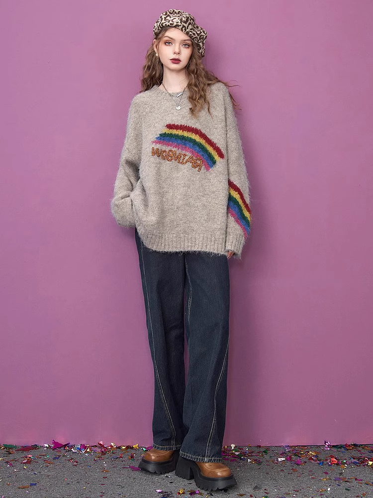 Sweater with rainbow letter embroidery design