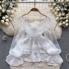 Puff sleeve shirt women's chic three-dimensional floral chiffon top