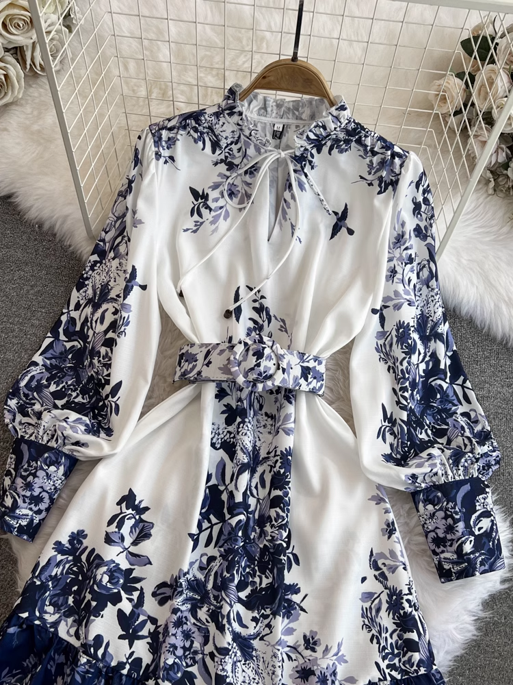 Long sleeve stand collar a line printed dress