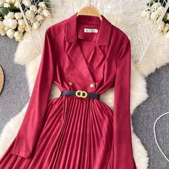 women's suit collar dress high waist pleated dress