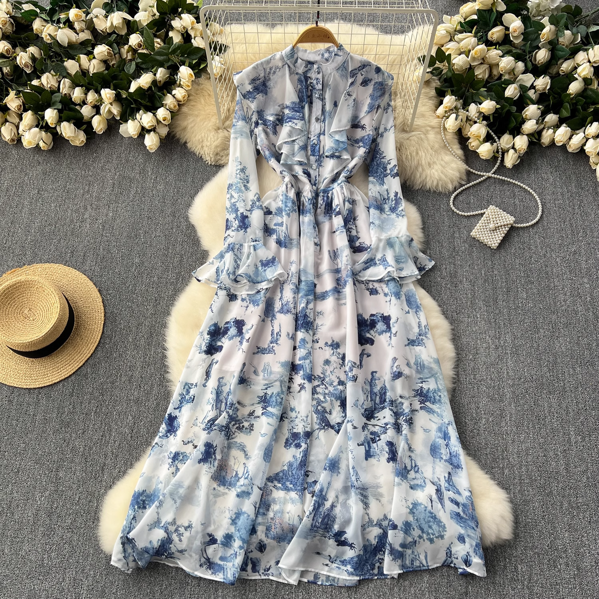 Retro elegant ink print chiffon dress