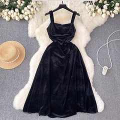 Square collar mid-length A-line retro velvet dress