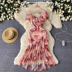 Women's summer floral dress with irregular ruffles