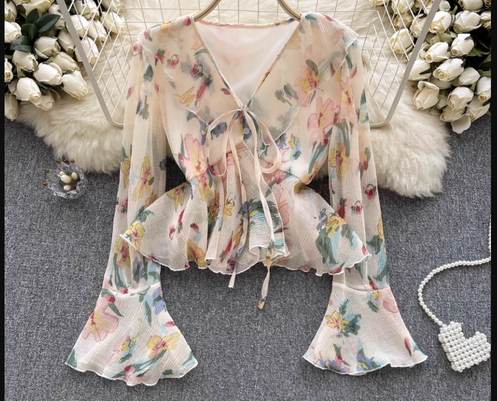 Women's trumpet long sleeve ruffled printed chiffon blouse,