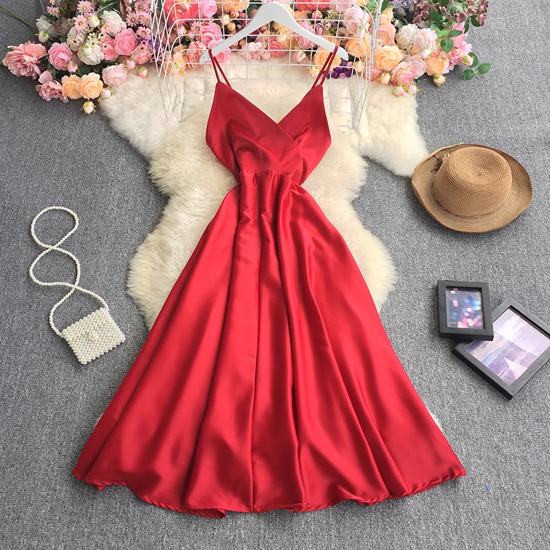 A-line V Neck Pure Color Dress