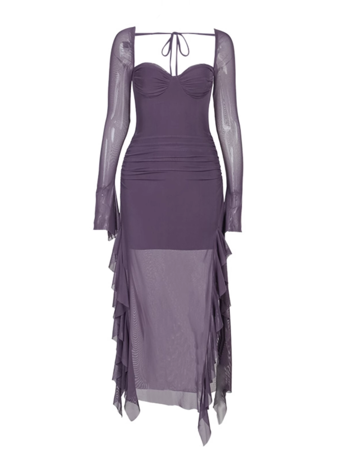 Fashion Purple Dress Mesh Ruffled Long Sleeves Dress