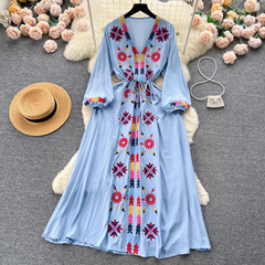 Embroidered V-neck drawstring waist dress for women retro ethnic style holiday dress