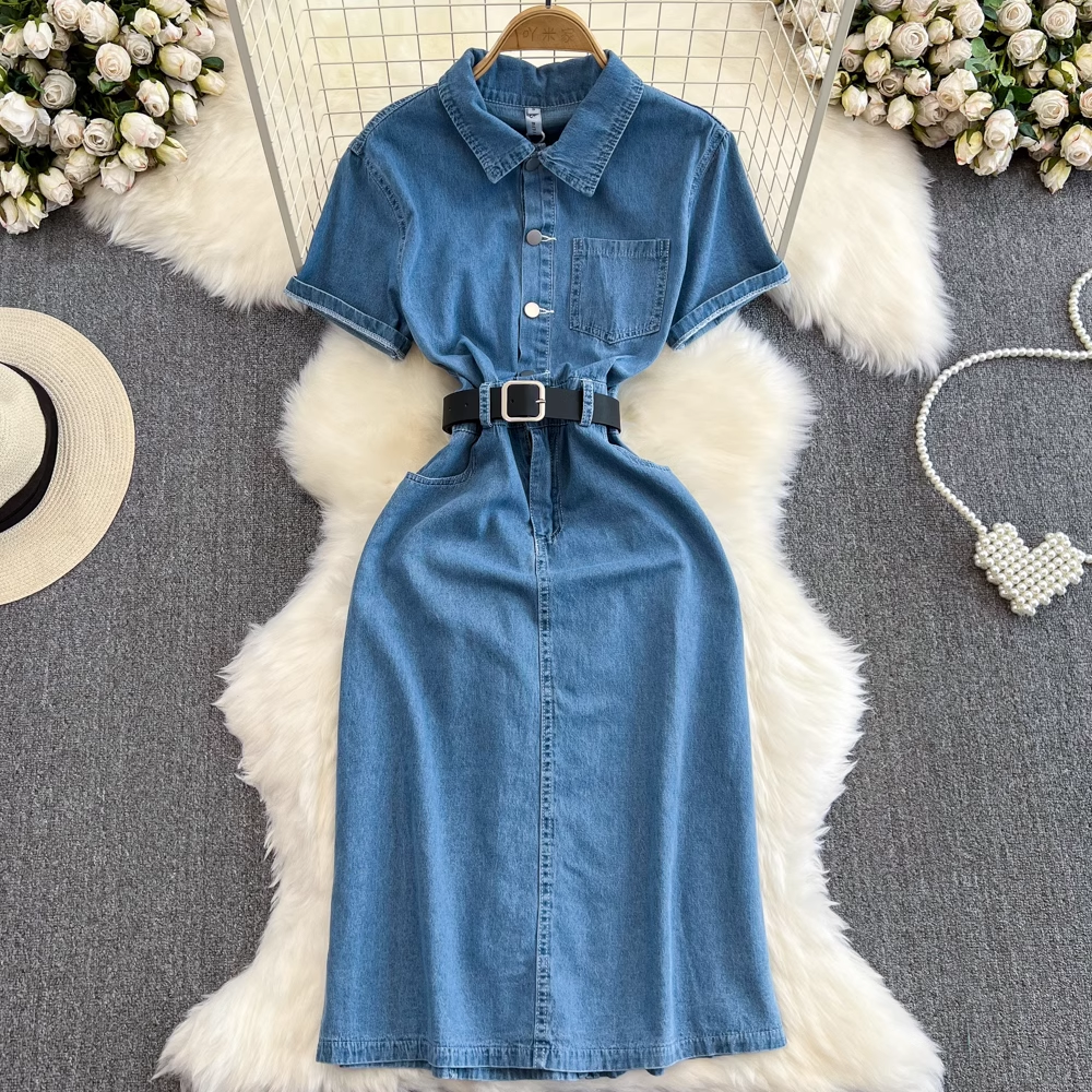 Short-sleeve lapel mid-length a-line denim dress