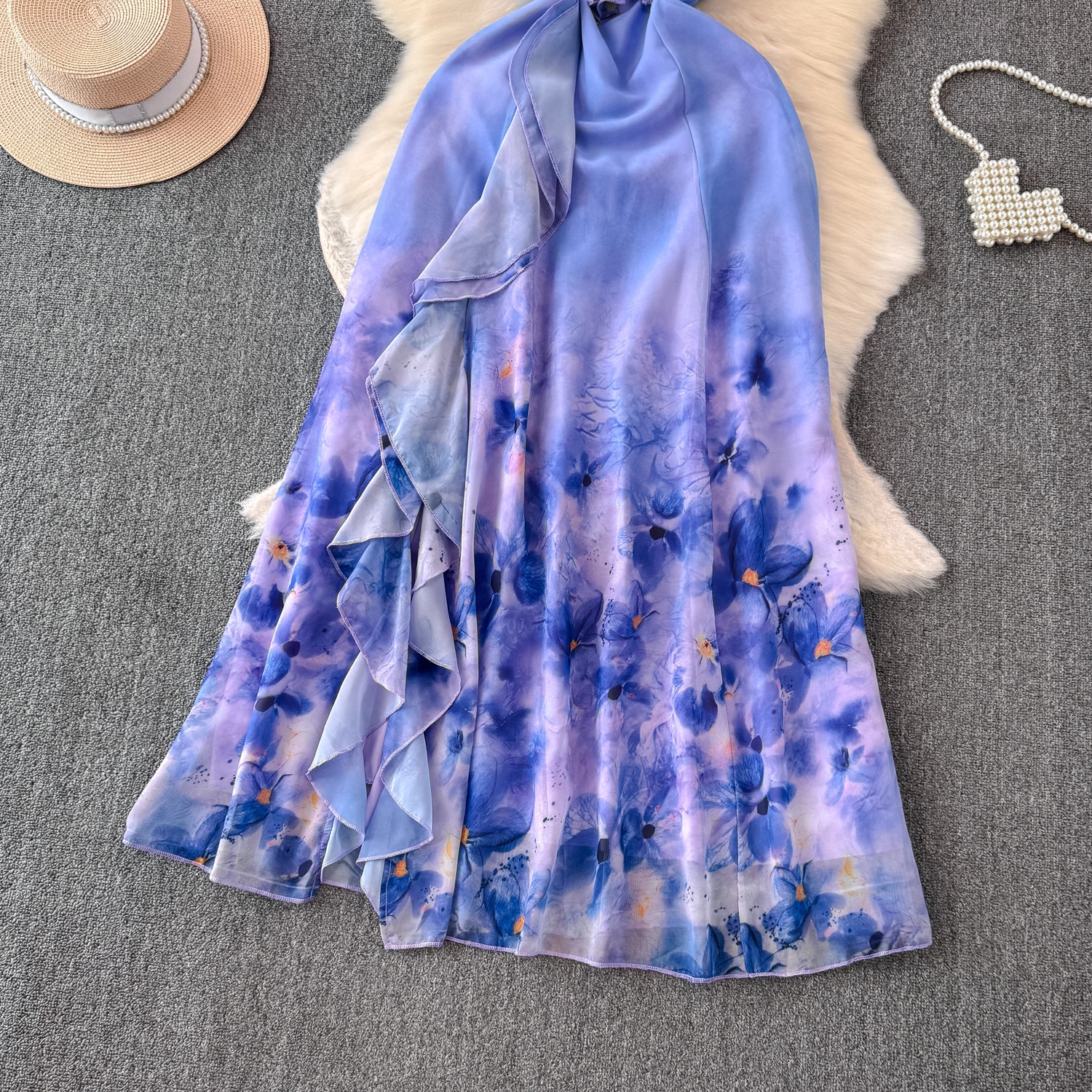 Ruffled patchwork slit oil painting print vacation Dress