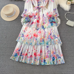 Lantern long sleeve bow a line print dress