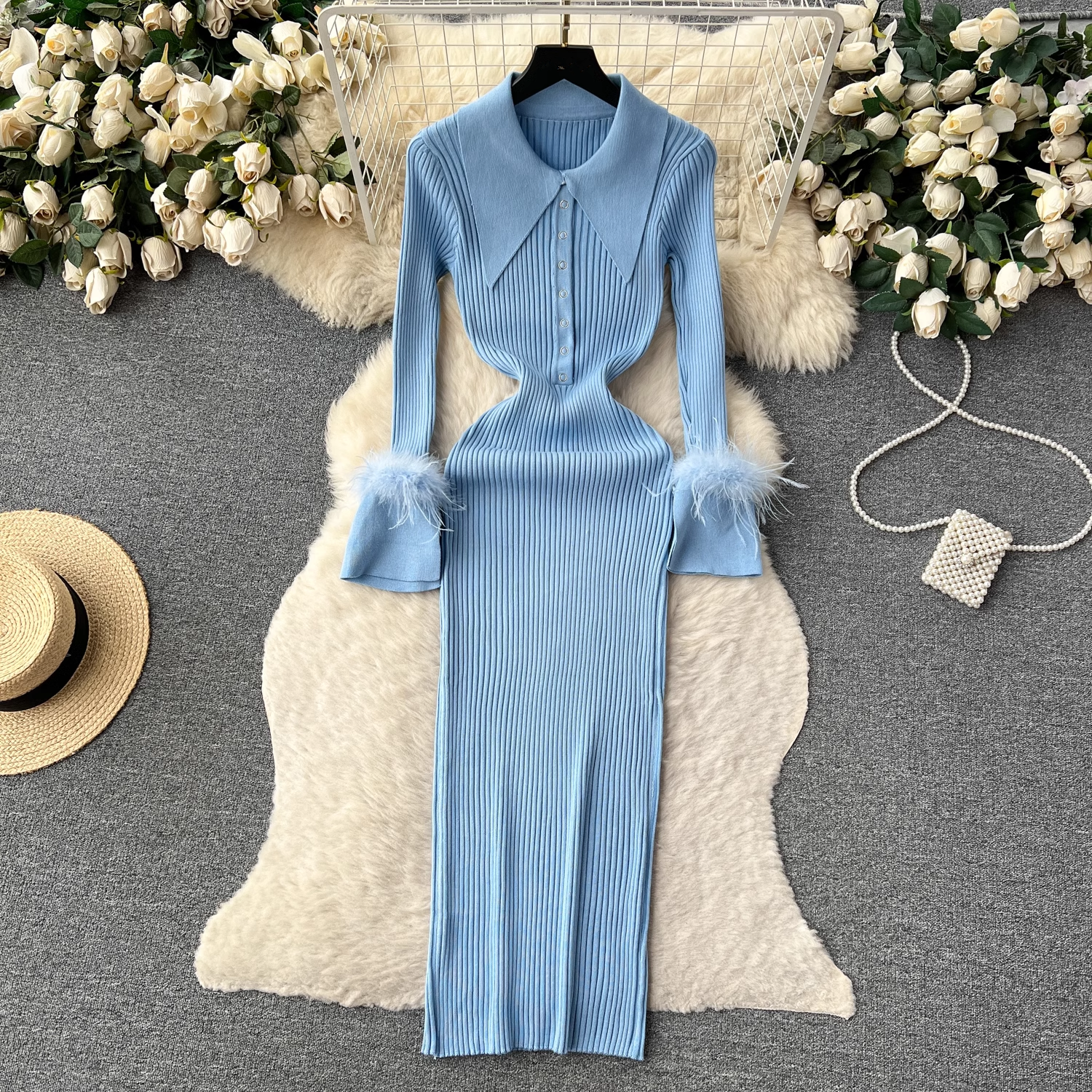 Women's autumn and winter lapel feather tight knitted dress