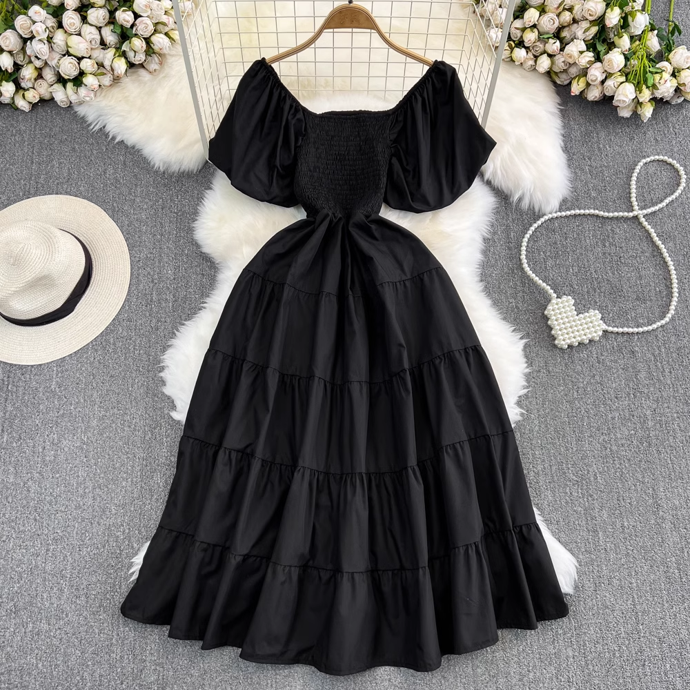 Bubble Short Sleeve Square Neck A-Line Dress Seaside Holiday Swing Long Dress ,