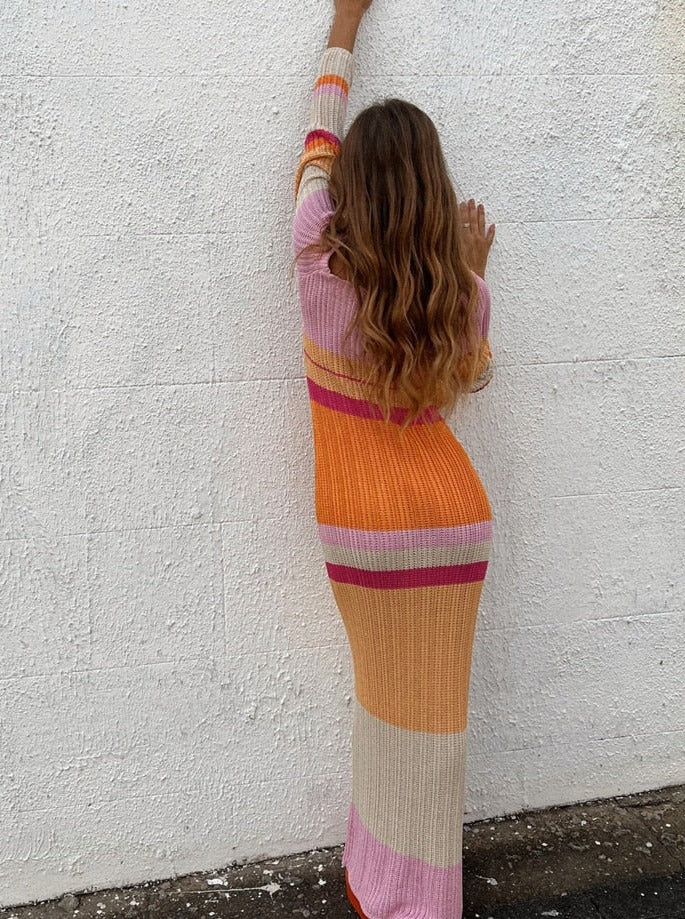 Ifrah Color Block Knitted Maxi Dress