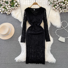 Women's long-sleeved V-neck mid-length lace dress