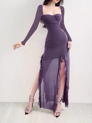 Fashion Purple Dress Mesh Ruffled Long Sleeves Dress