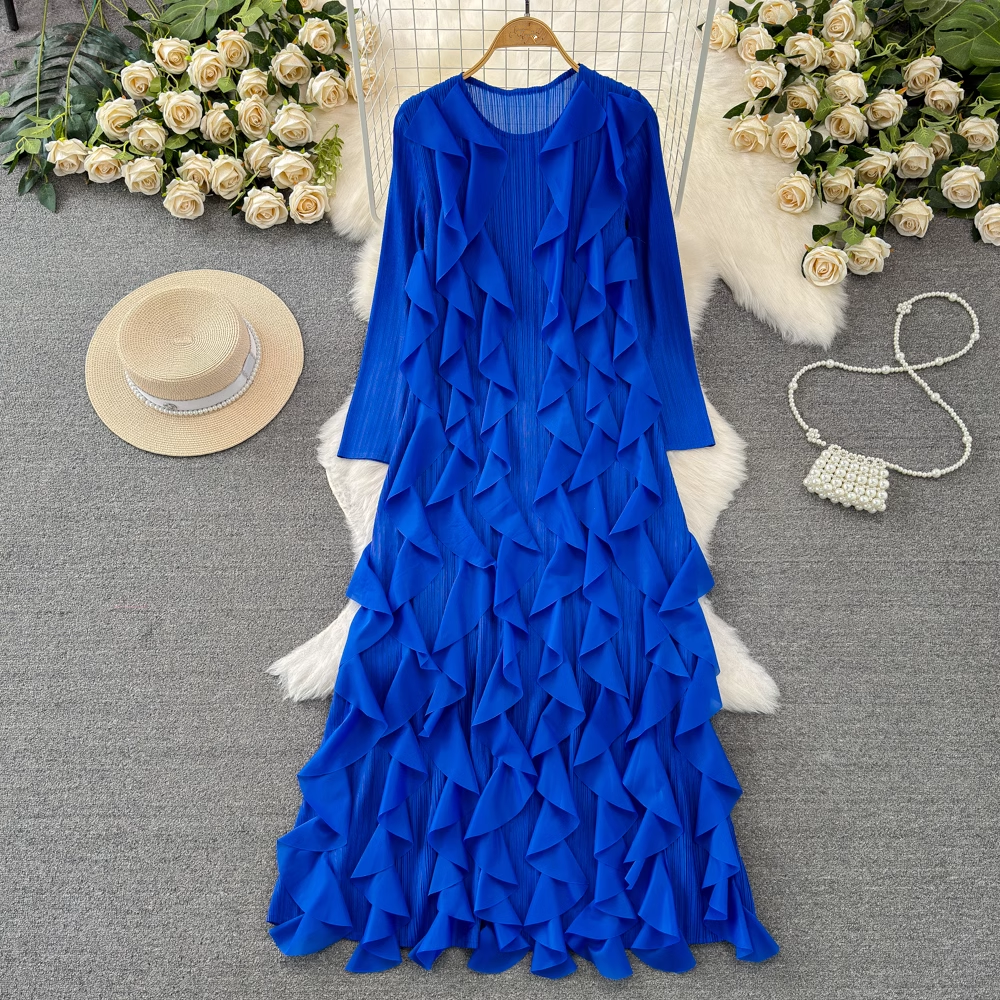 Long sleeve round neck A-line flanged dress elegant long skirt