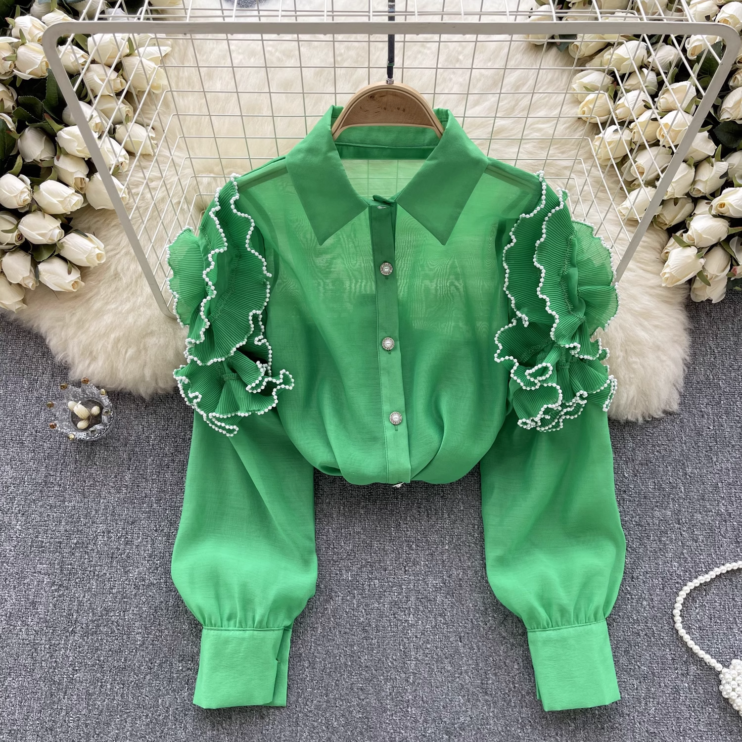 women's summer three-dimensional flower long sleeve mesh blouses