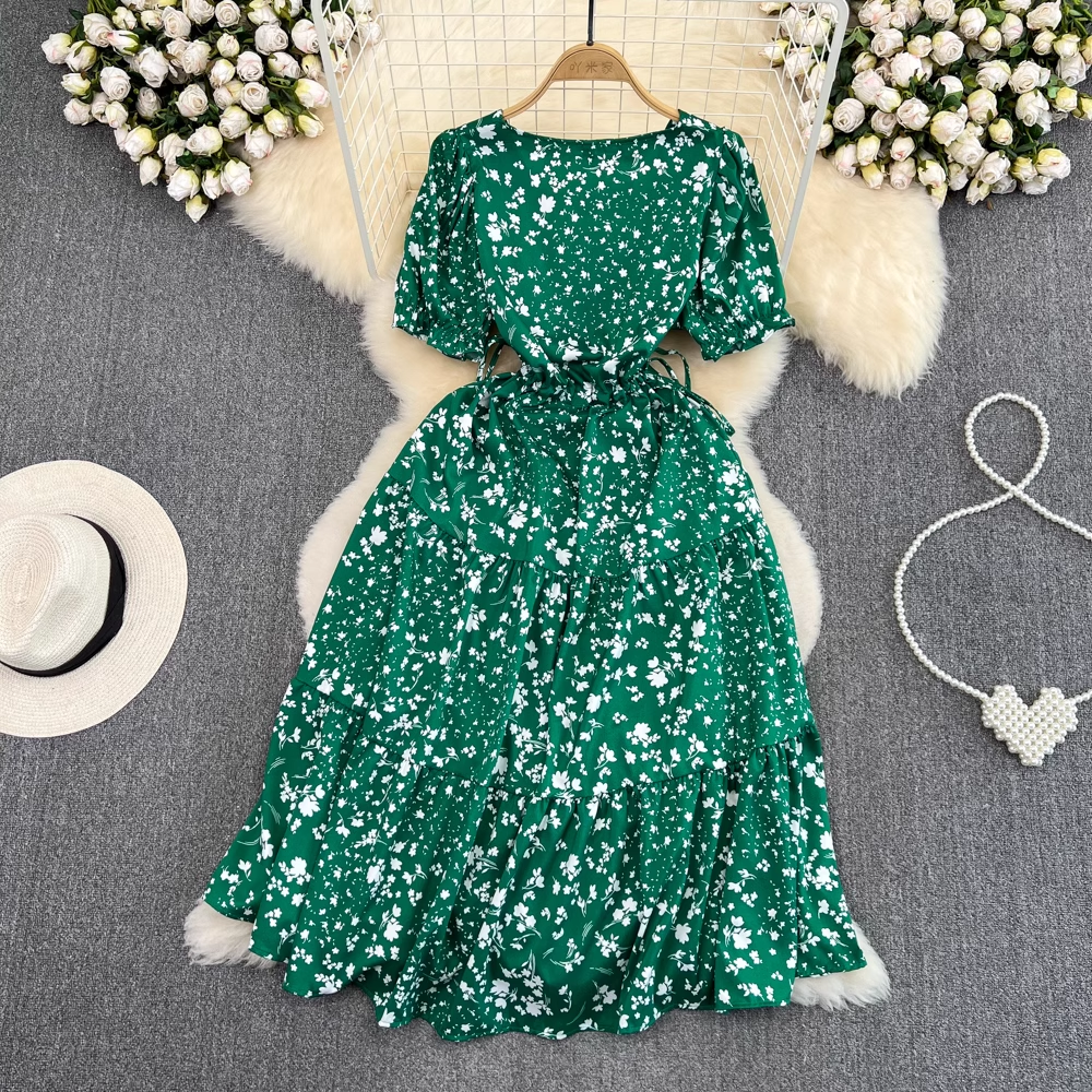 Square collar puff sleeve summer fluffy princess dress,