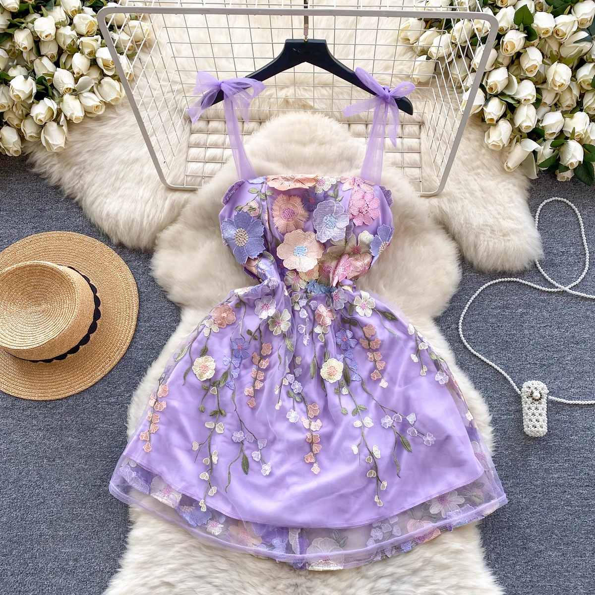 Women's embroidered three-dimensional flower sexy mesh dress