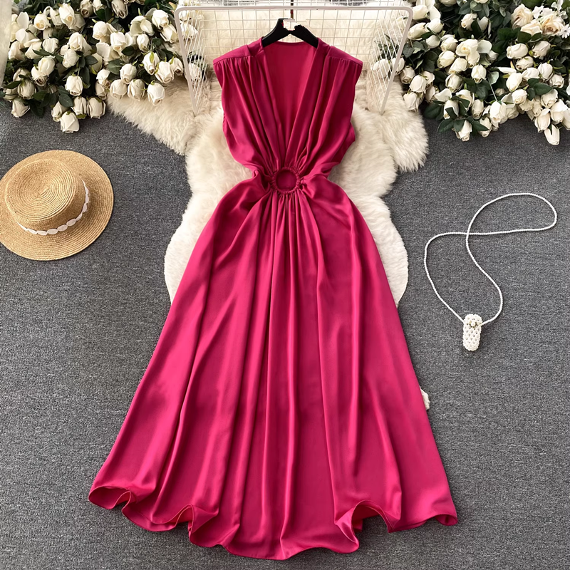 V-neck pleated waist hollow dress women summer dress ,