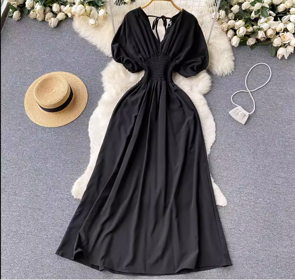 Pure color Puff Sleeves Maxi Dress ,