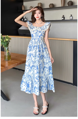 Women's summer blue oil painting floral dress