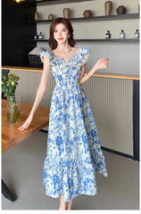 Women's summer blue oil painting floral dress