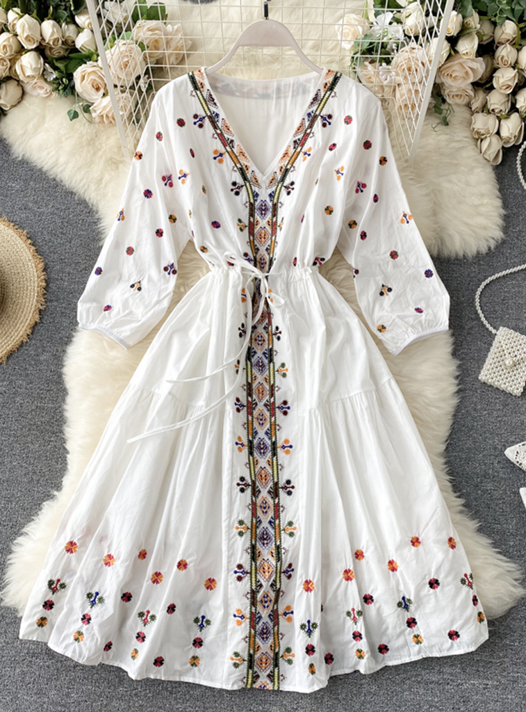 A Line V Neck Embroidery Long Sleeve Dress YM442 – Cbano